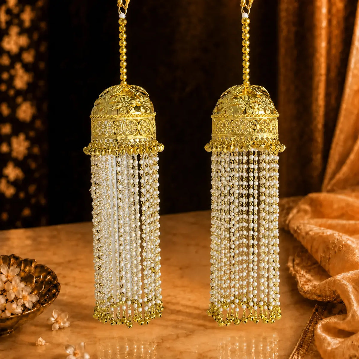 Traditional Long Gold Dome Pearl-Beaded With Ghungroo Kalira