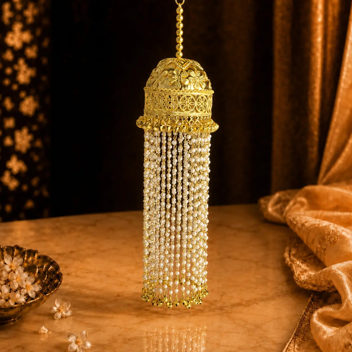 Traditional Long Gold Dome Pearl-Beaded With Ghungroo Kalira