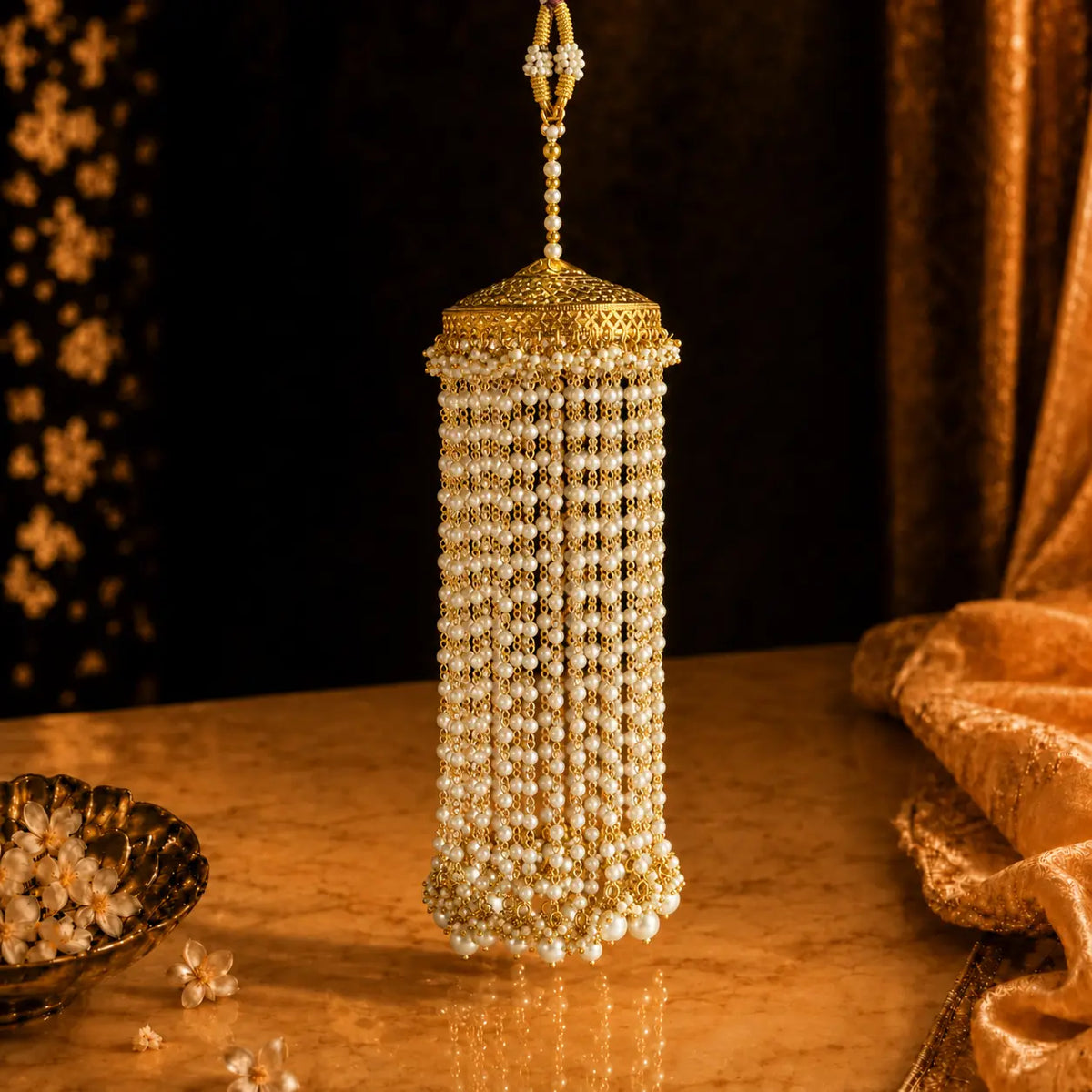 Dome-Shaped Bridal Kalira With Pearl Tassels