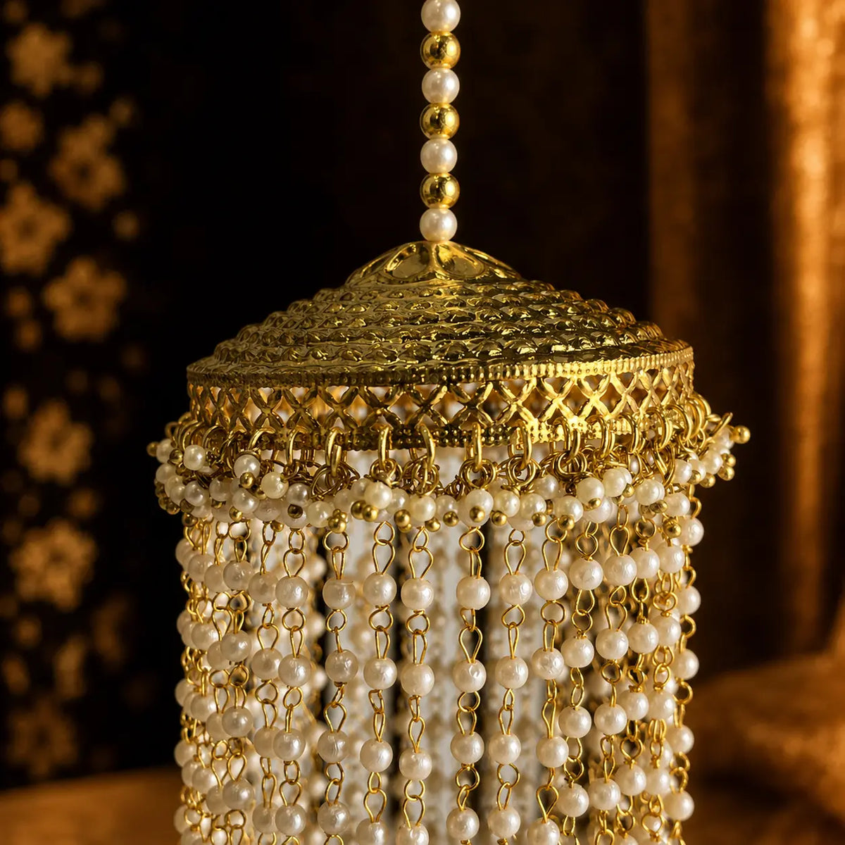 Dome-Shaped Bridal Kalira With Pearl Tassels