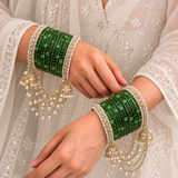 Pearl Jhula Chain Glass Bangle Set