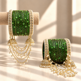 Pearl Jhula Chain Glass Bangle Set