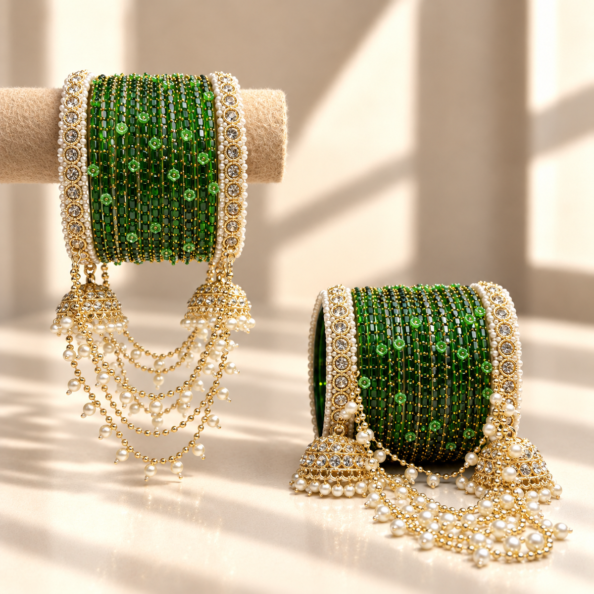 Pearl Jhula Chain Glass Bangle Set