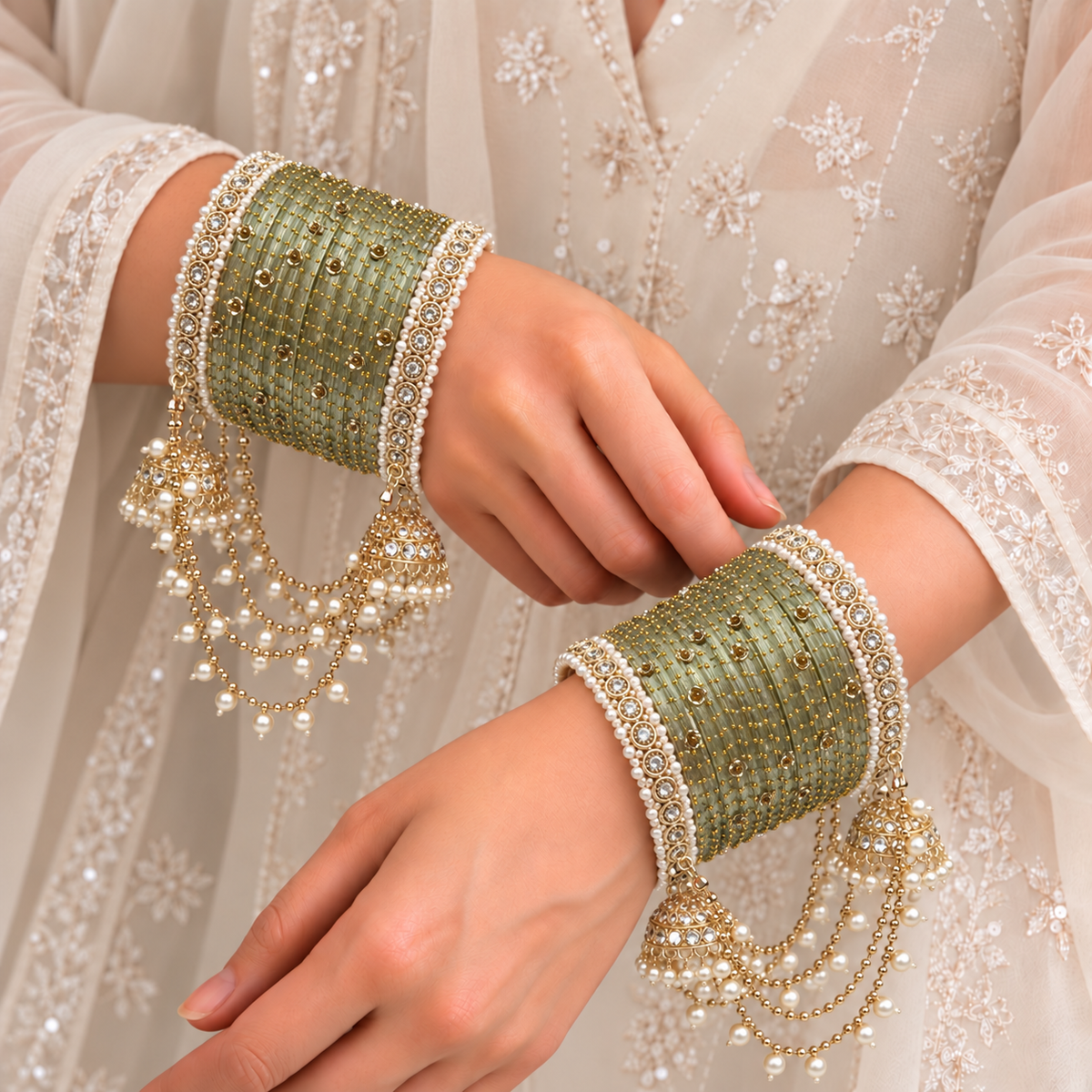 Pearl Jhula Chain Glass Bangle Set