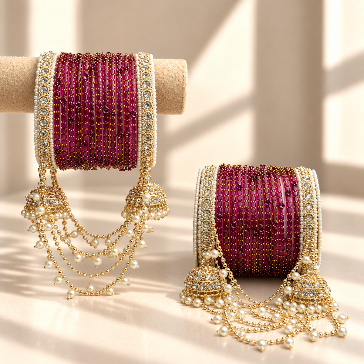 Pearl Jhula Chain Glass Bangle Set