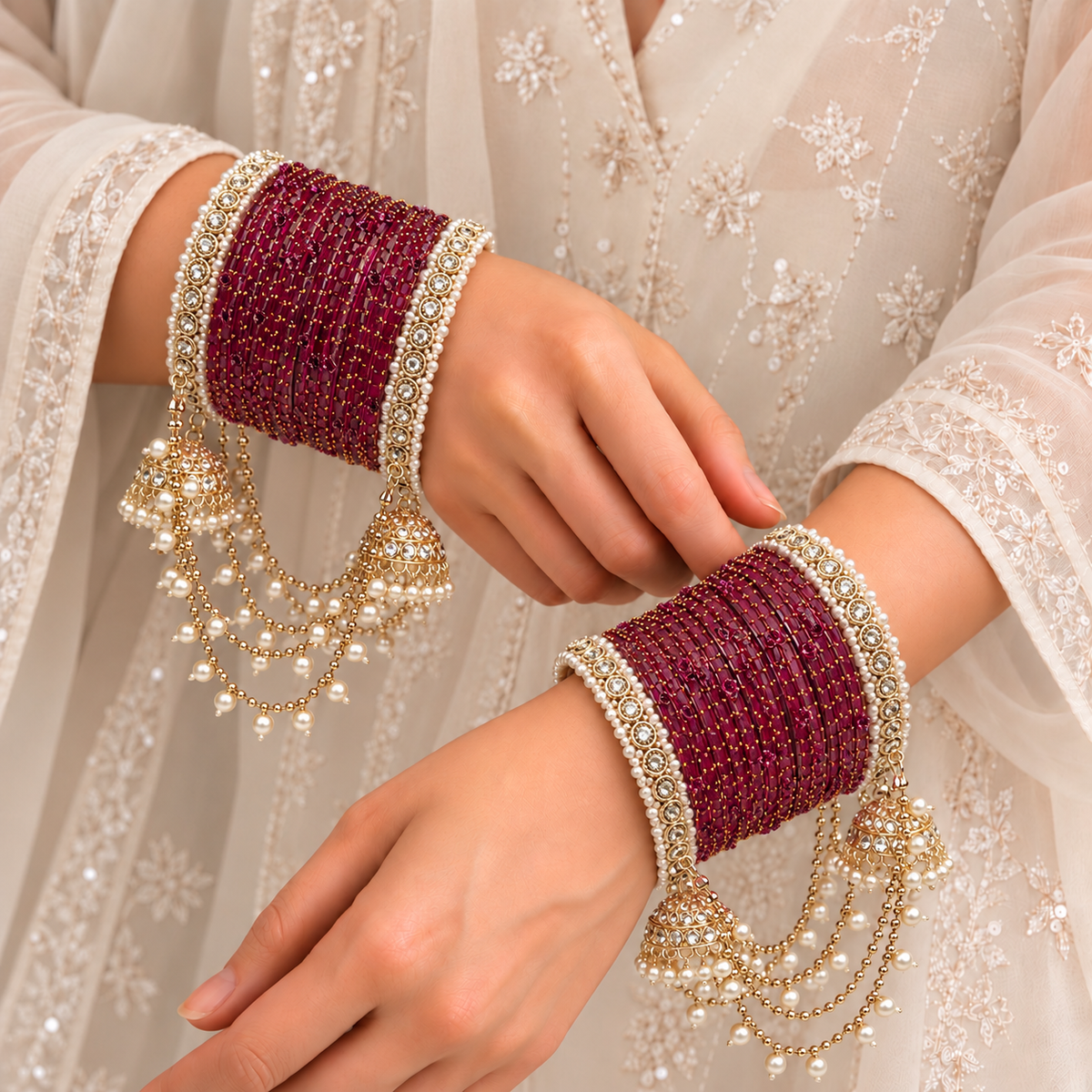 Pearl Jhula Chain Glass Bangle Set