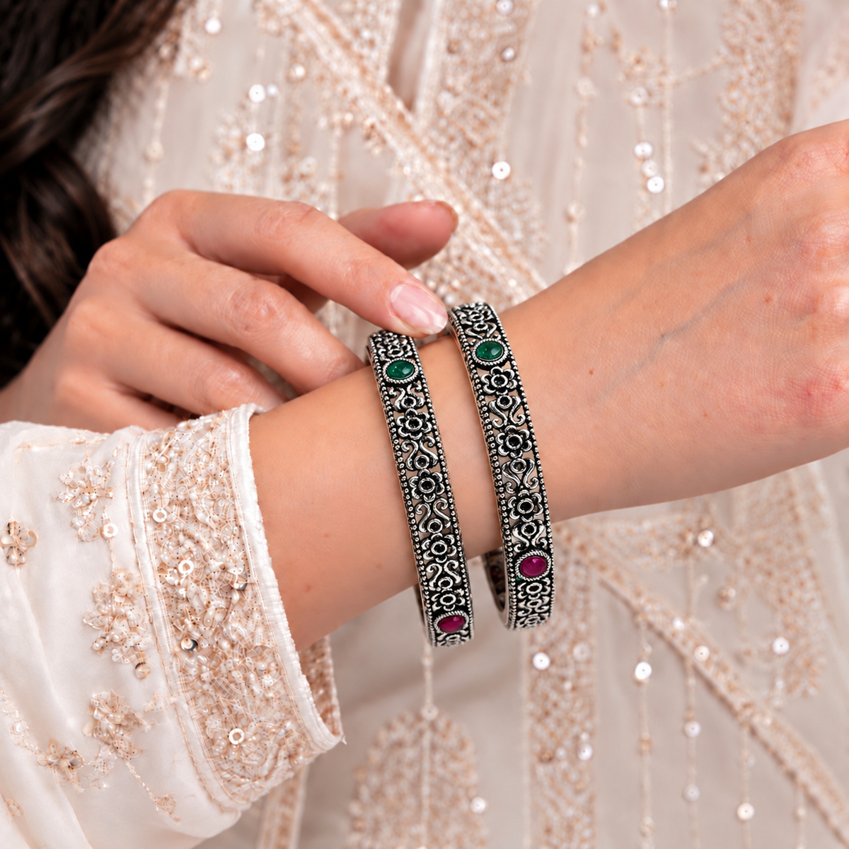 Flower Cutwork Stone Oxidised Kada