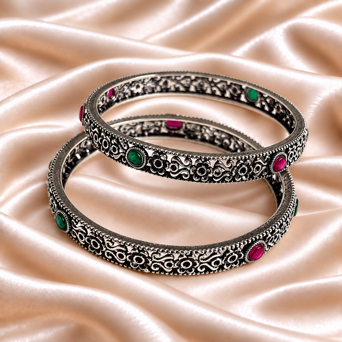 Flower Cutwork Stone Oxidised Kada