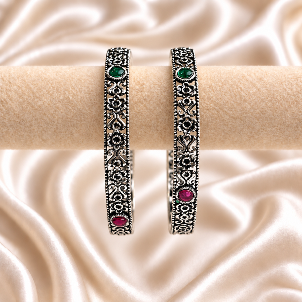 Flower Cutwork Stone Oxidised Kada