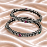 Ribbed Arc Oval Stone Oxidised Kada