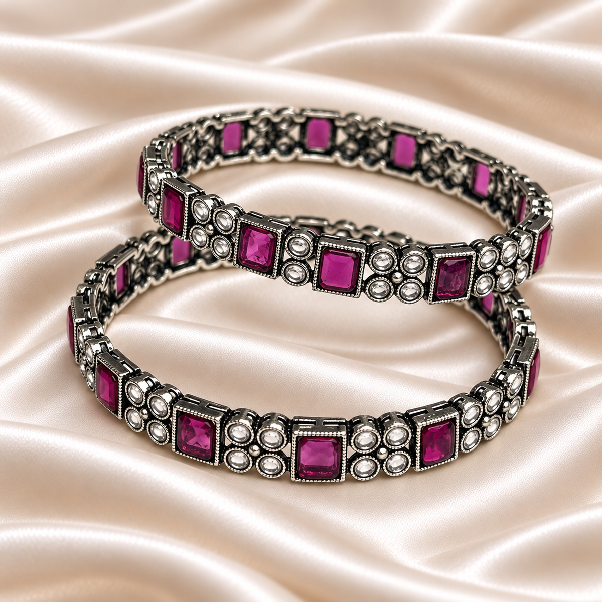 Square and Round Stone Floral Oxidised Kada