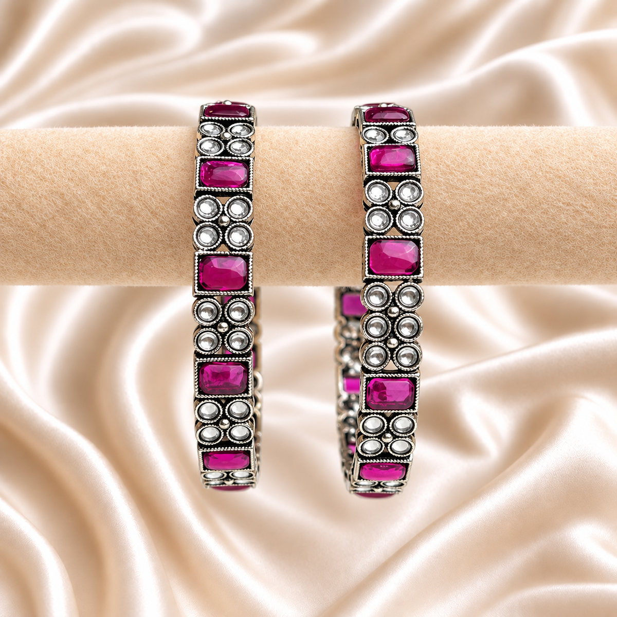 Square and Round Stone Floral Oxidised Kada
