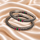 Floral Scroll Stone Oxidised Kada