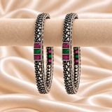 Floral Scroll Stone Oxidised Kada