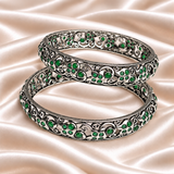Green Stone Floral Oxidized Kada