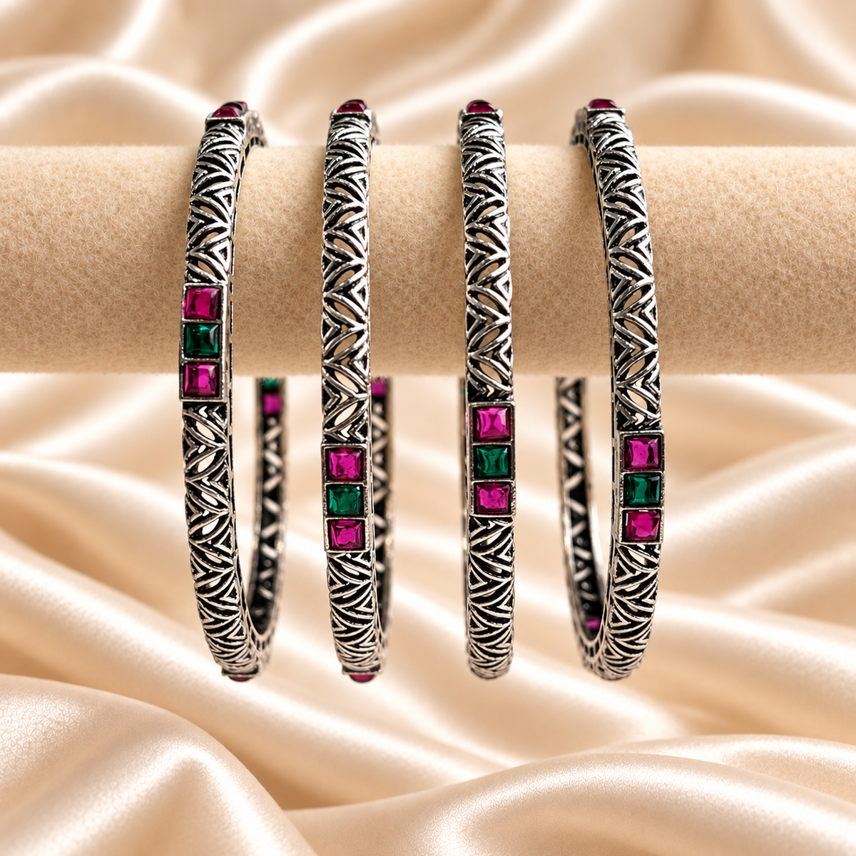 Cross Line Stone Oxidised Bangles