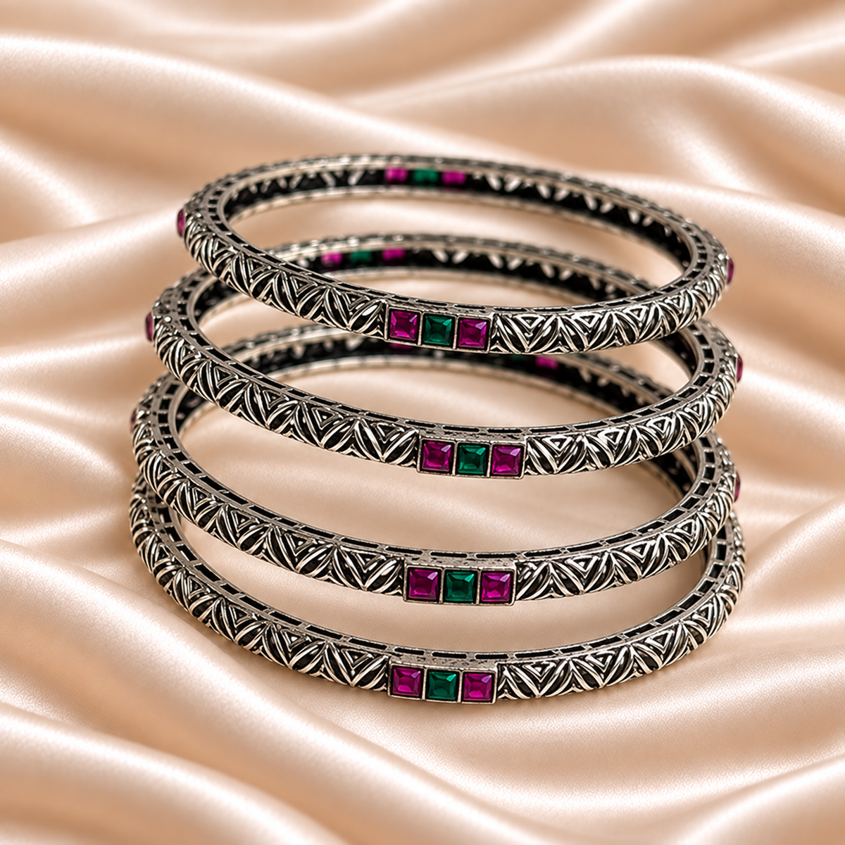 Cross Line Stone Oxidised Bangles