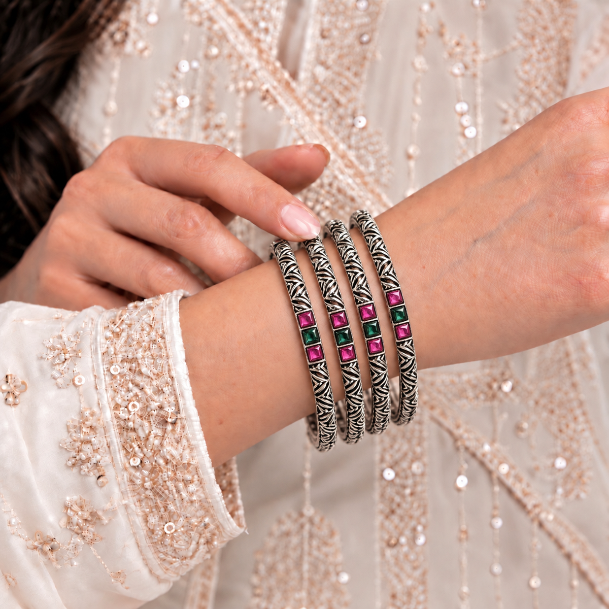 Cross Line Stone Oxidised Bangles