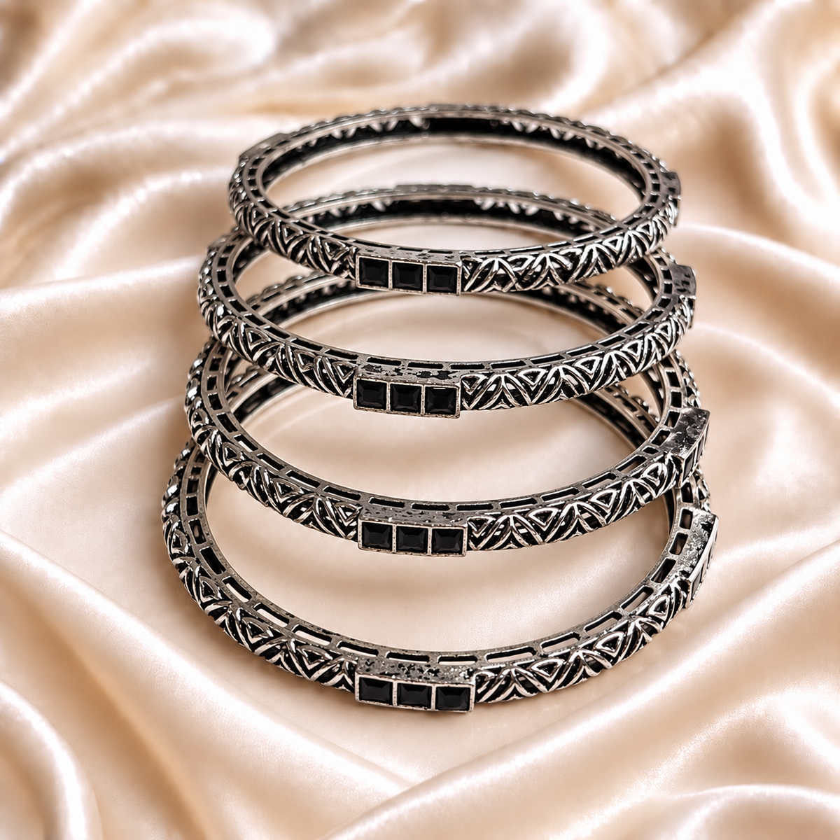 Cross Line Stone Oxidised Bangles