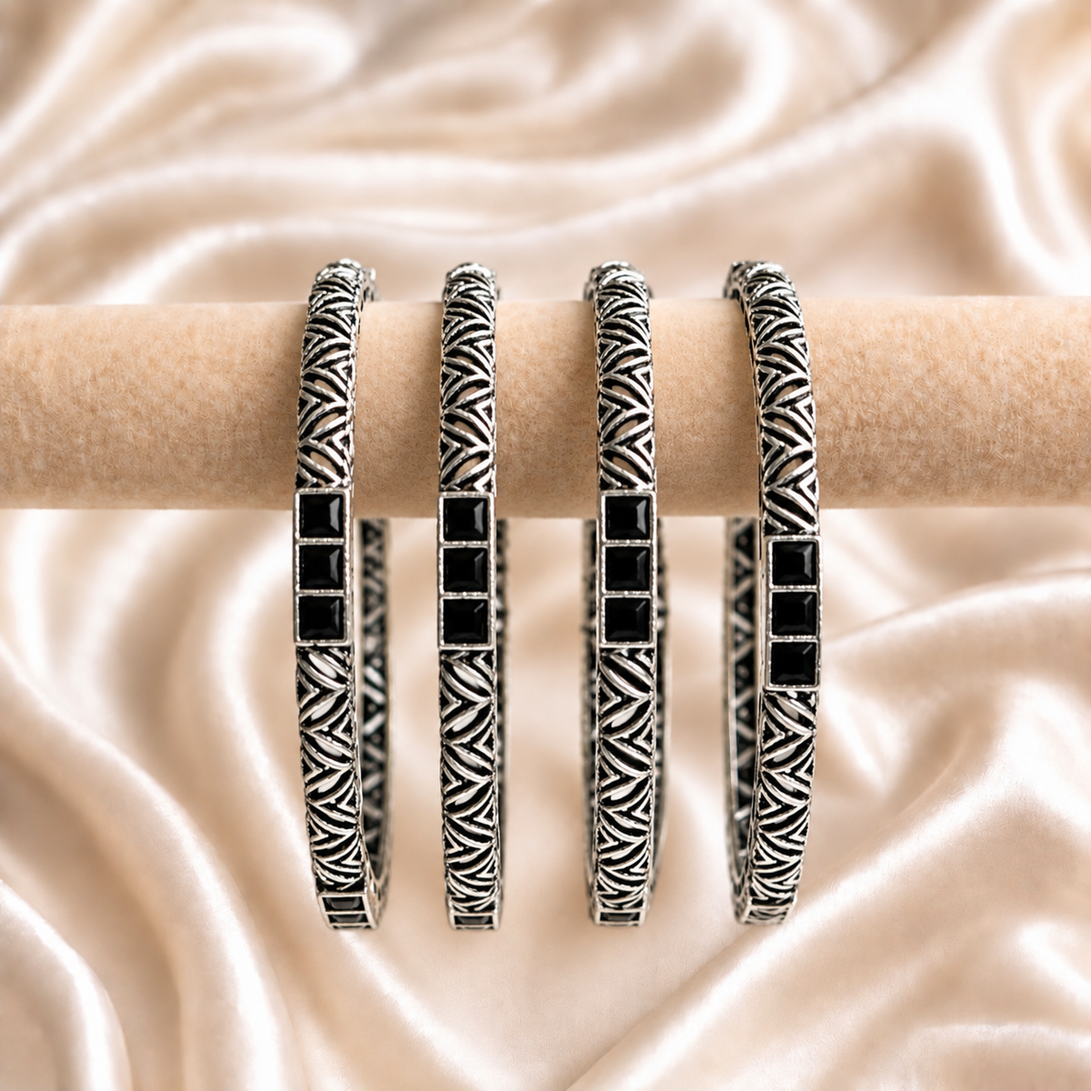 Cross Line Stone Oxidised Bangles