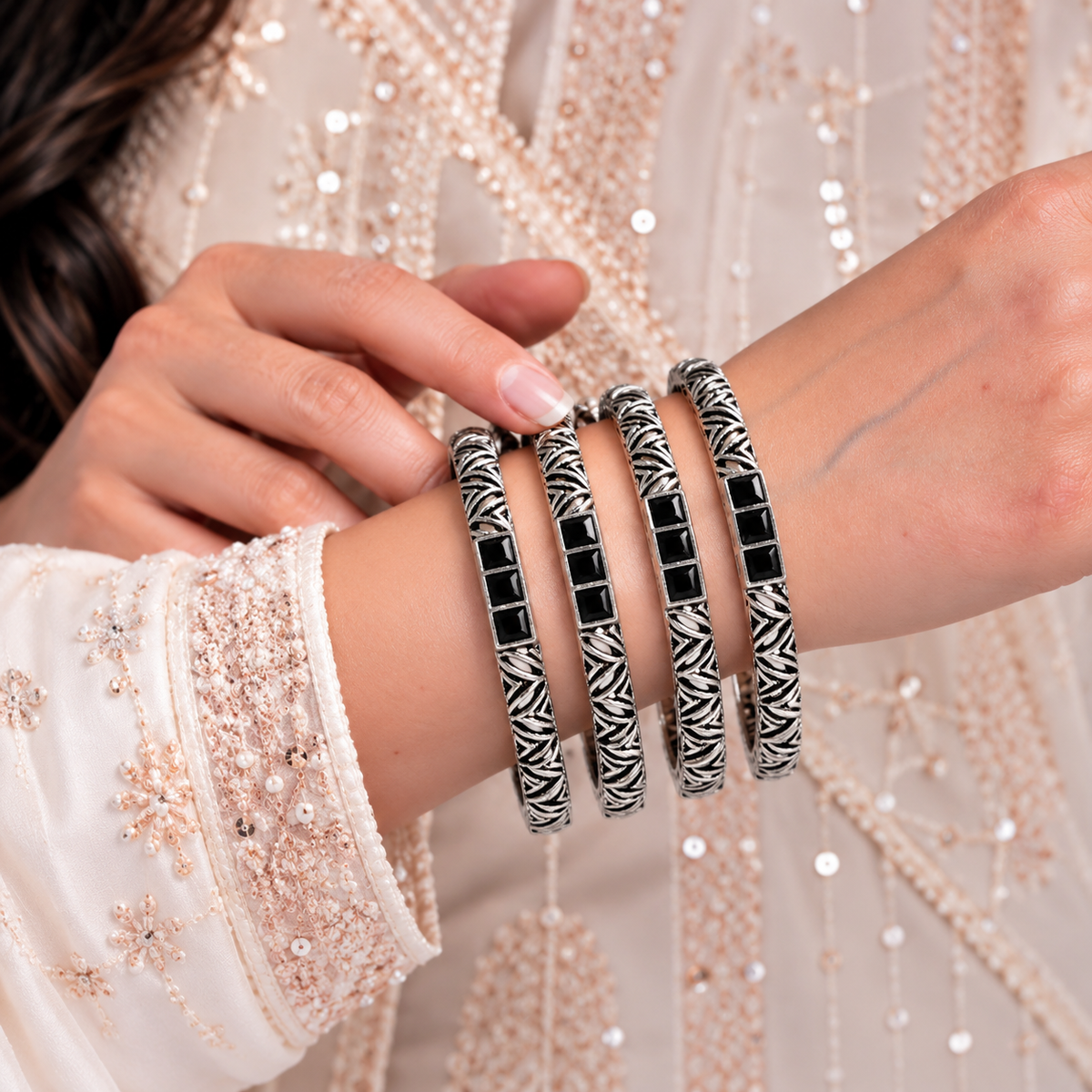 Cross Line Stone Oxidised Bangles