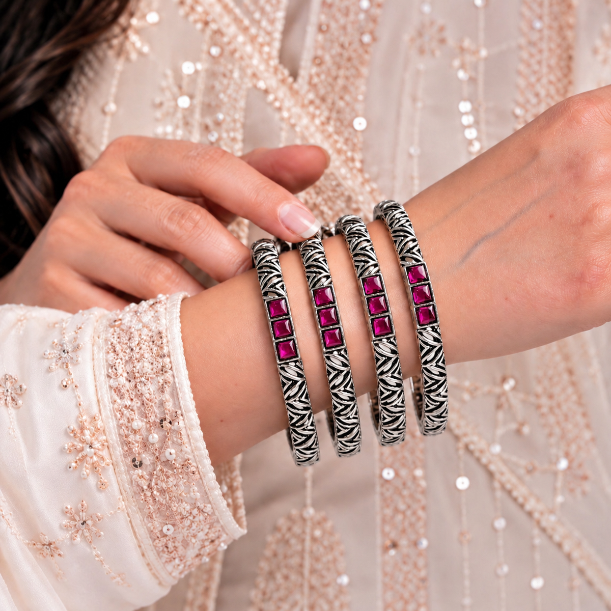 Cross Line Stone Oxidised Bangles