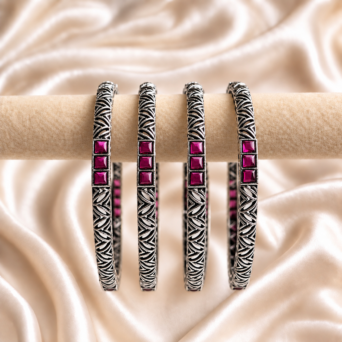 Cross Line Stone Oxidised Bangles