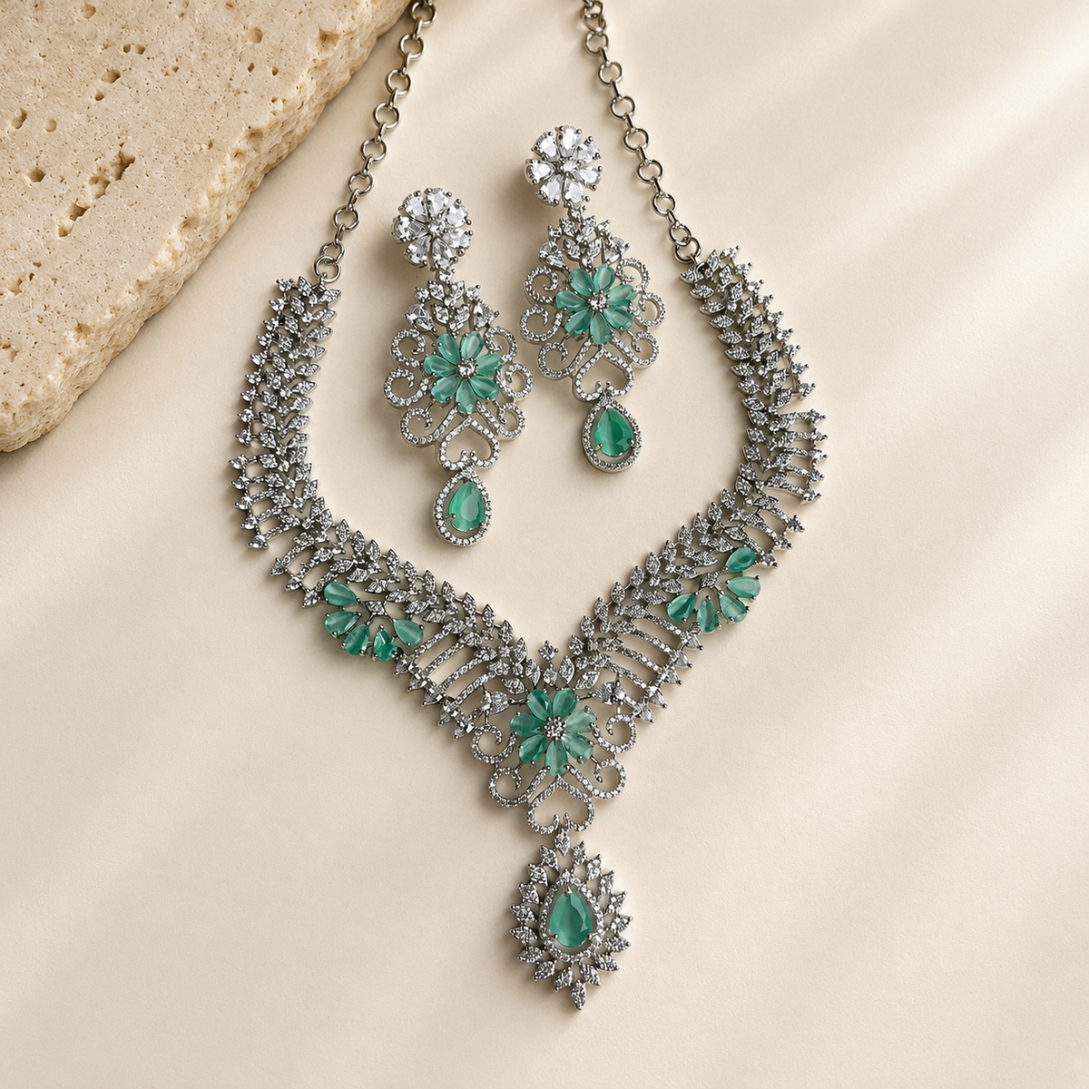 American Diamond Floral Necklace & Earring Set