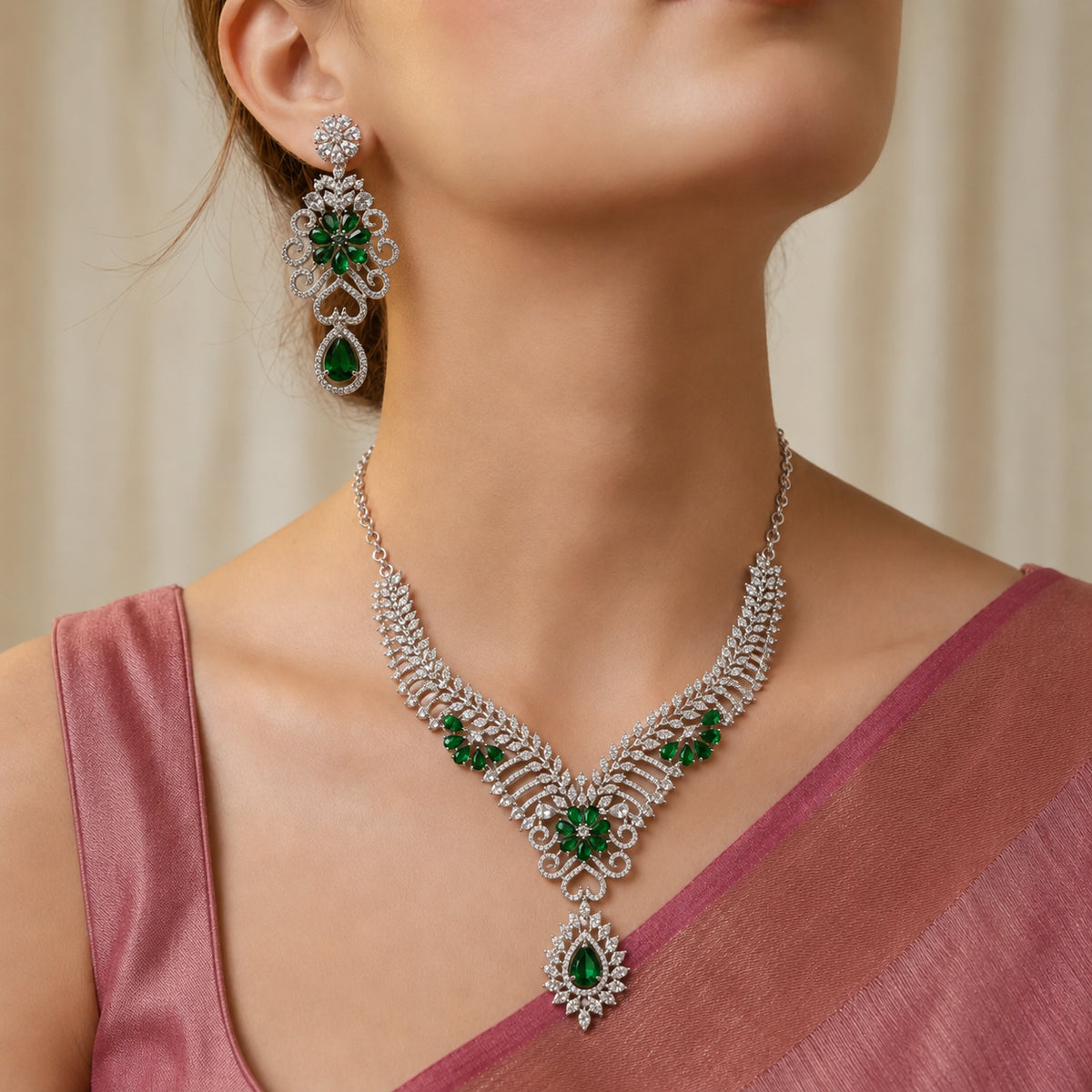 American Diamond Floral Necklace & Earring Set
