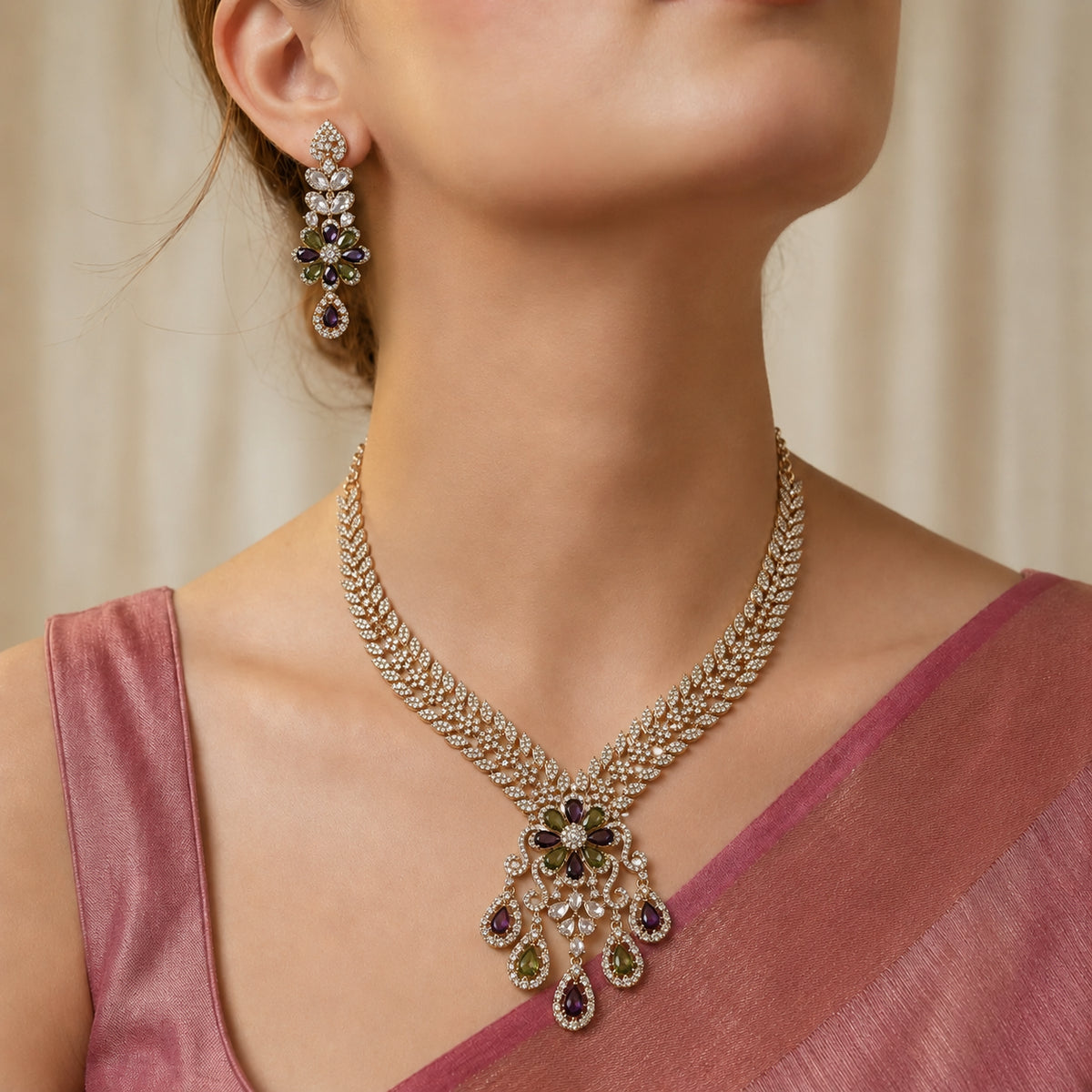 American Diamond Floral Statement Necklace Set