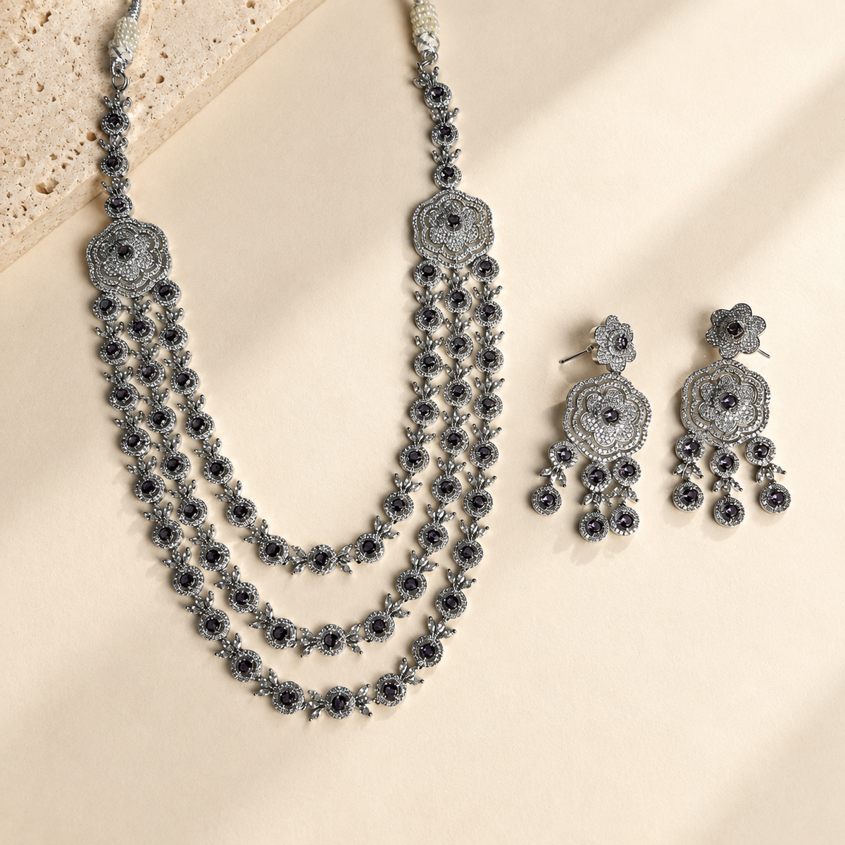 American Diamond Three Layer Necklace Set