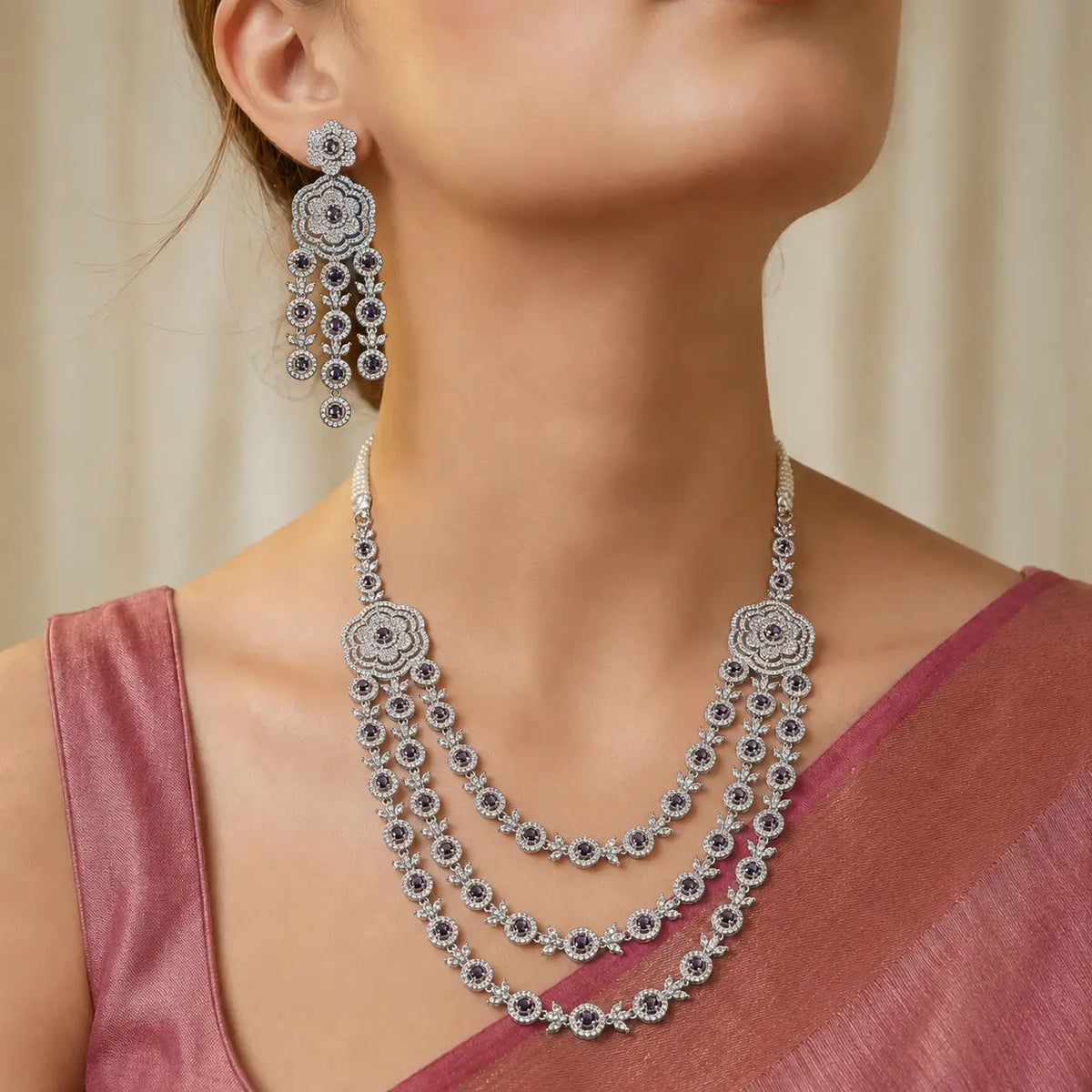 American Diamond Three Layer Necklace Set