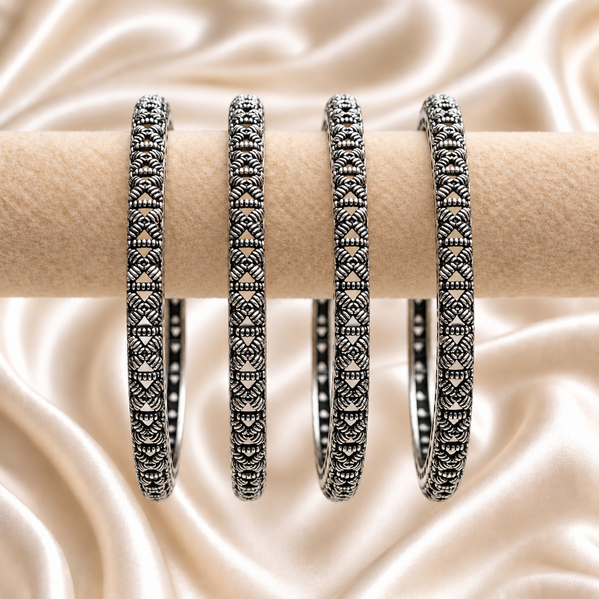 Beaded Track Oval Stone Oxidised Bangles