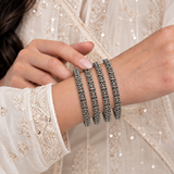 Beaded Track Oval Stone Oxidised Bangles