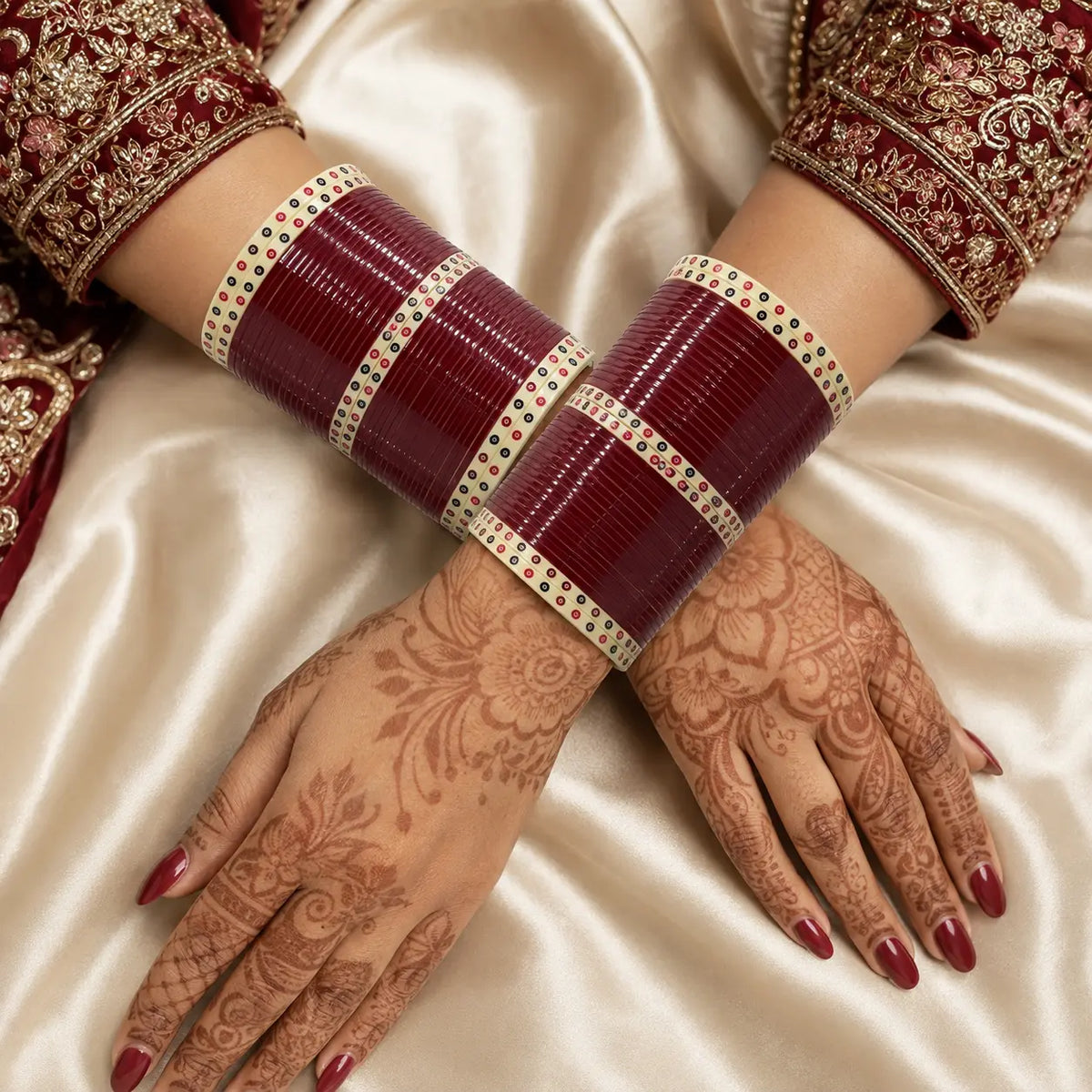 Cherry Red Pearl Shell Basic Bridal Chura with Evil Eye Dot