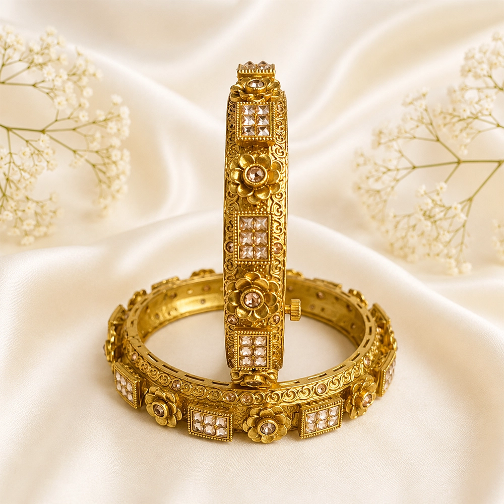 Floral & Square AD Stone Rajwadi Kada (Golden Plated)