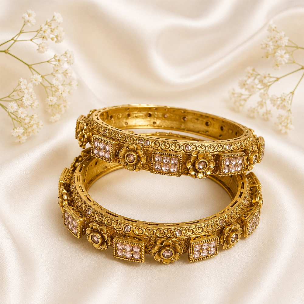 Floral & Square AD Stone Rajwadi Kada (Golden Plated)