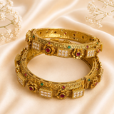 Floral & Square AD Stone Rajwadi Kada (Golden Plated)