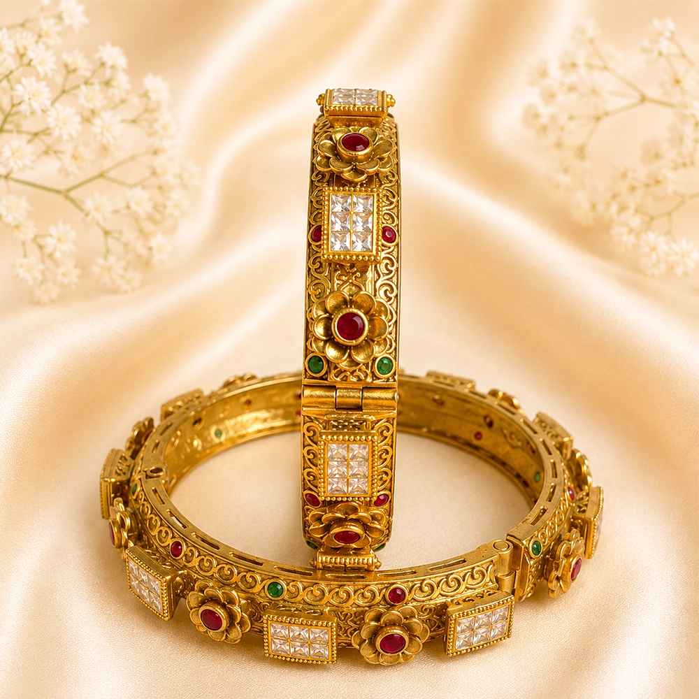 Floral & Square AD Stone Rajwadi Kada (Golden Plated)