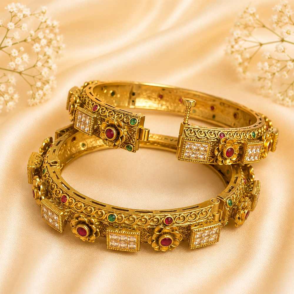 Floral & Square AD Stone Rajwadi Kada (Golden Plated)