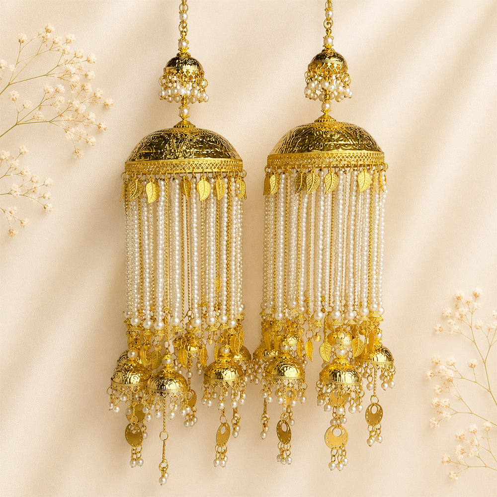 Golden Dome Pearl Chain with Hanging Small Dome Bridal Kalira