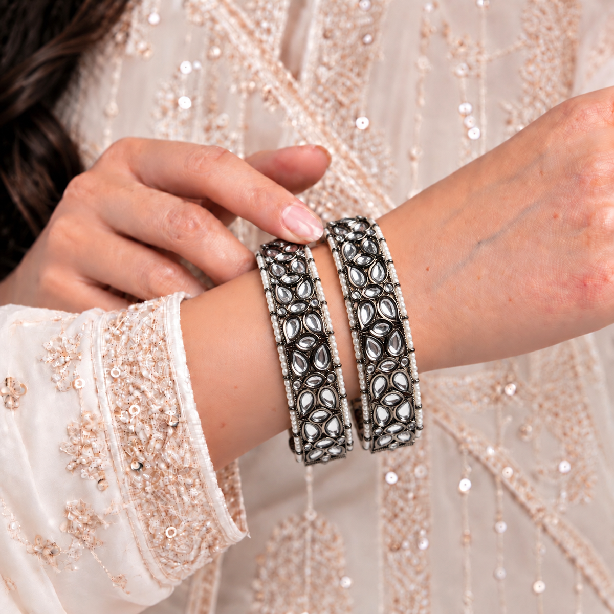 Kundan Pearl Border Oxidised Openable Kada