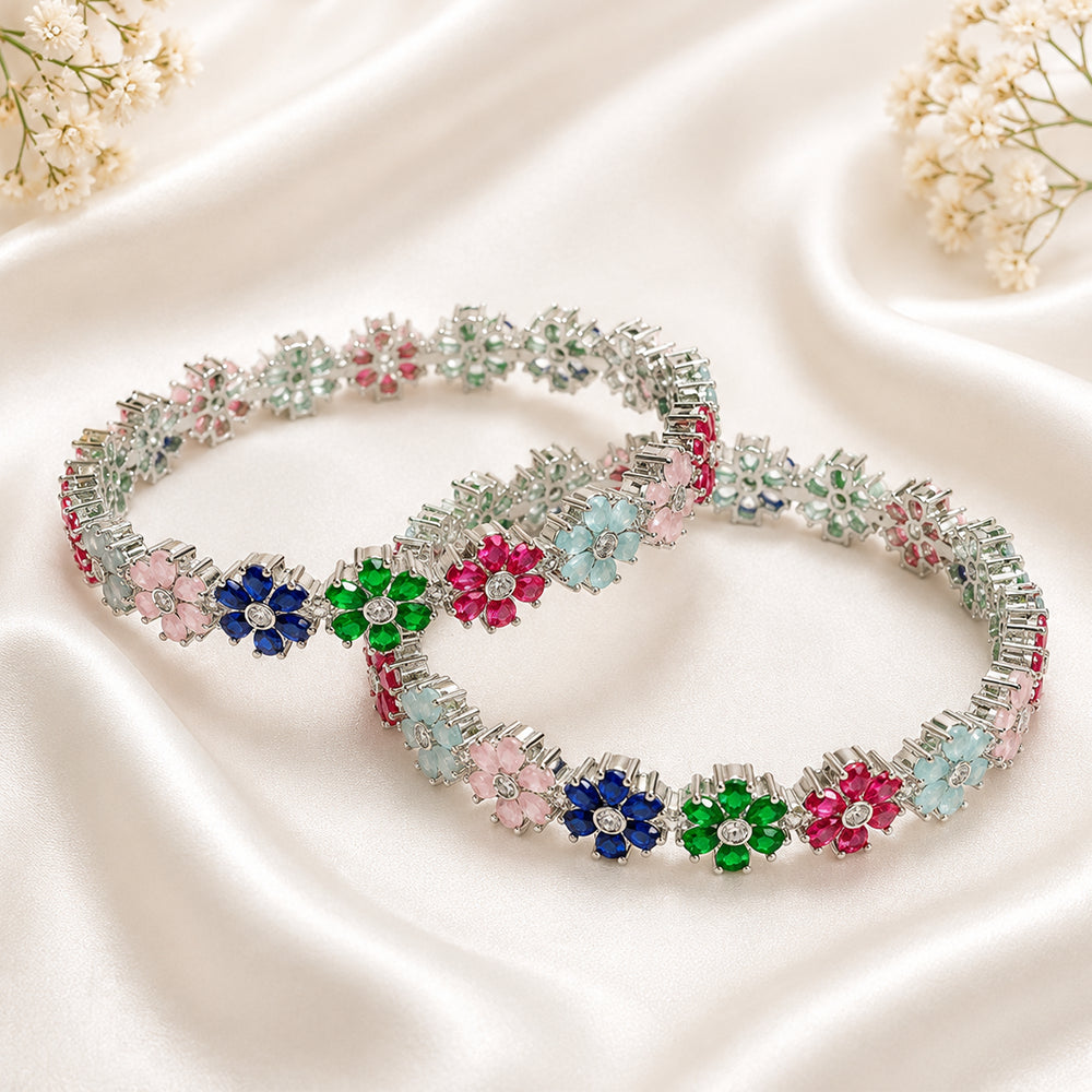 Multi flower rodium plated AD kada