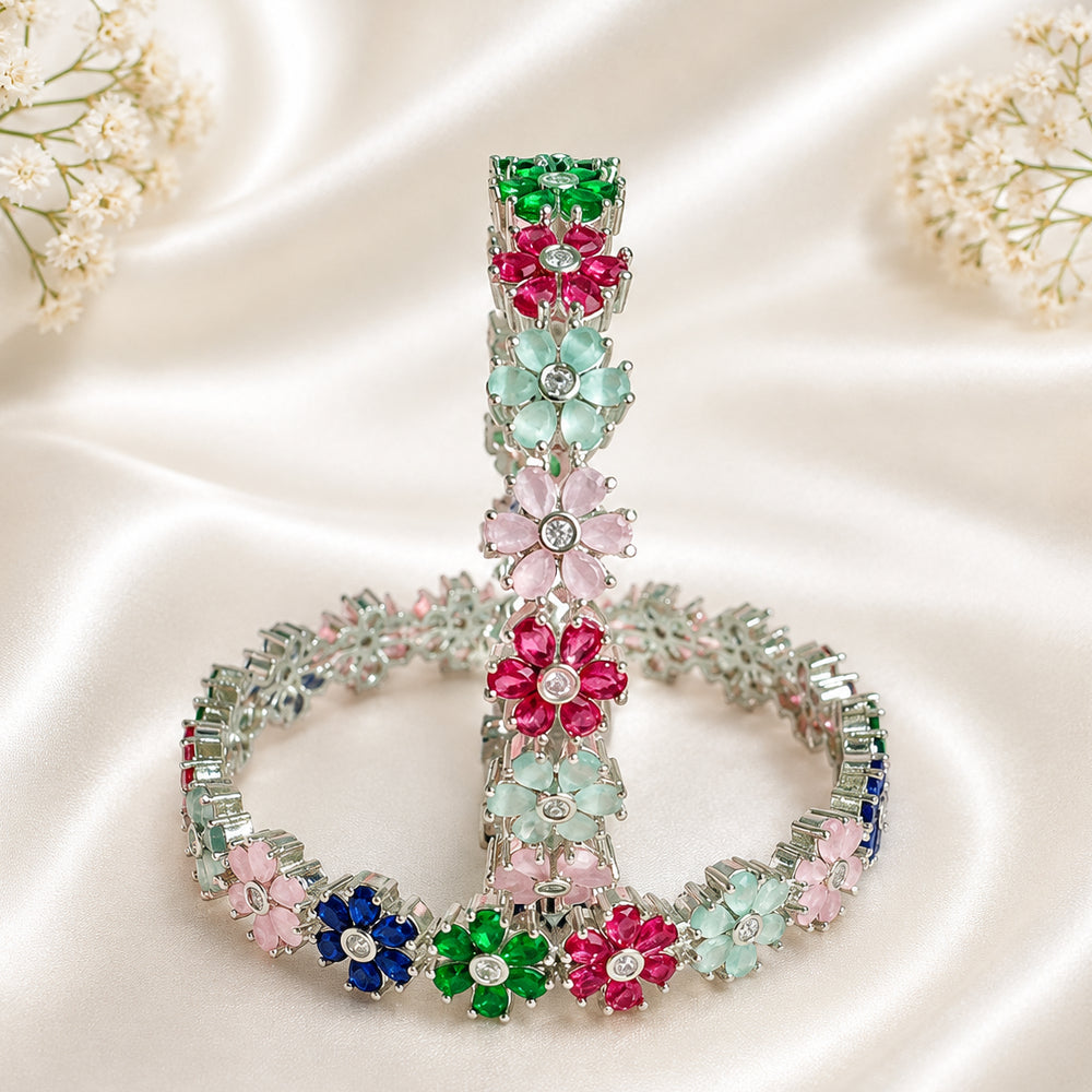 Multi flower rodium plated AD kada