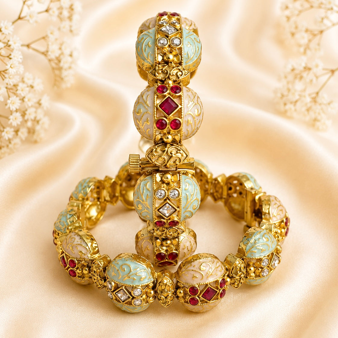 Ruby-White Kundan Meenakari Rajwada Kada