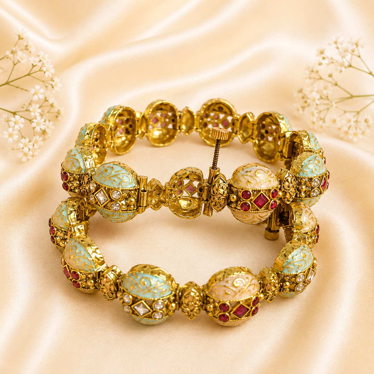 Ruby-White Kundan Meenakari Rajwada Kada