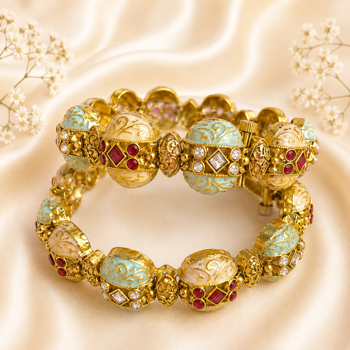 Ruby-White Kundan Meenakari Rajwada Kada