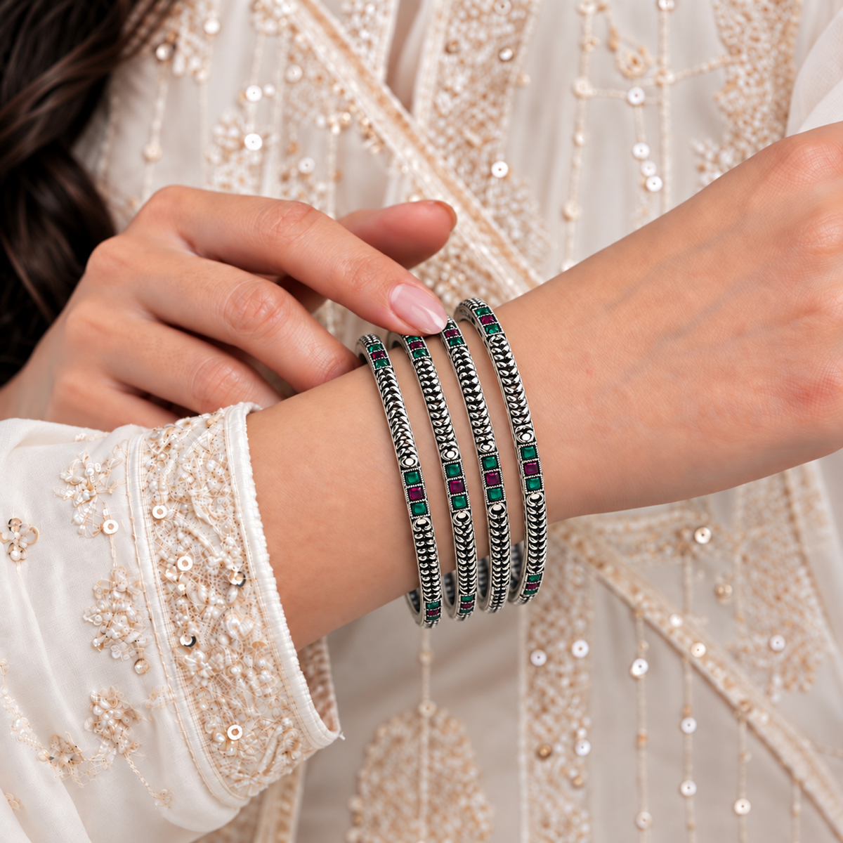 Twisted Square Stone Oxidised Bangles