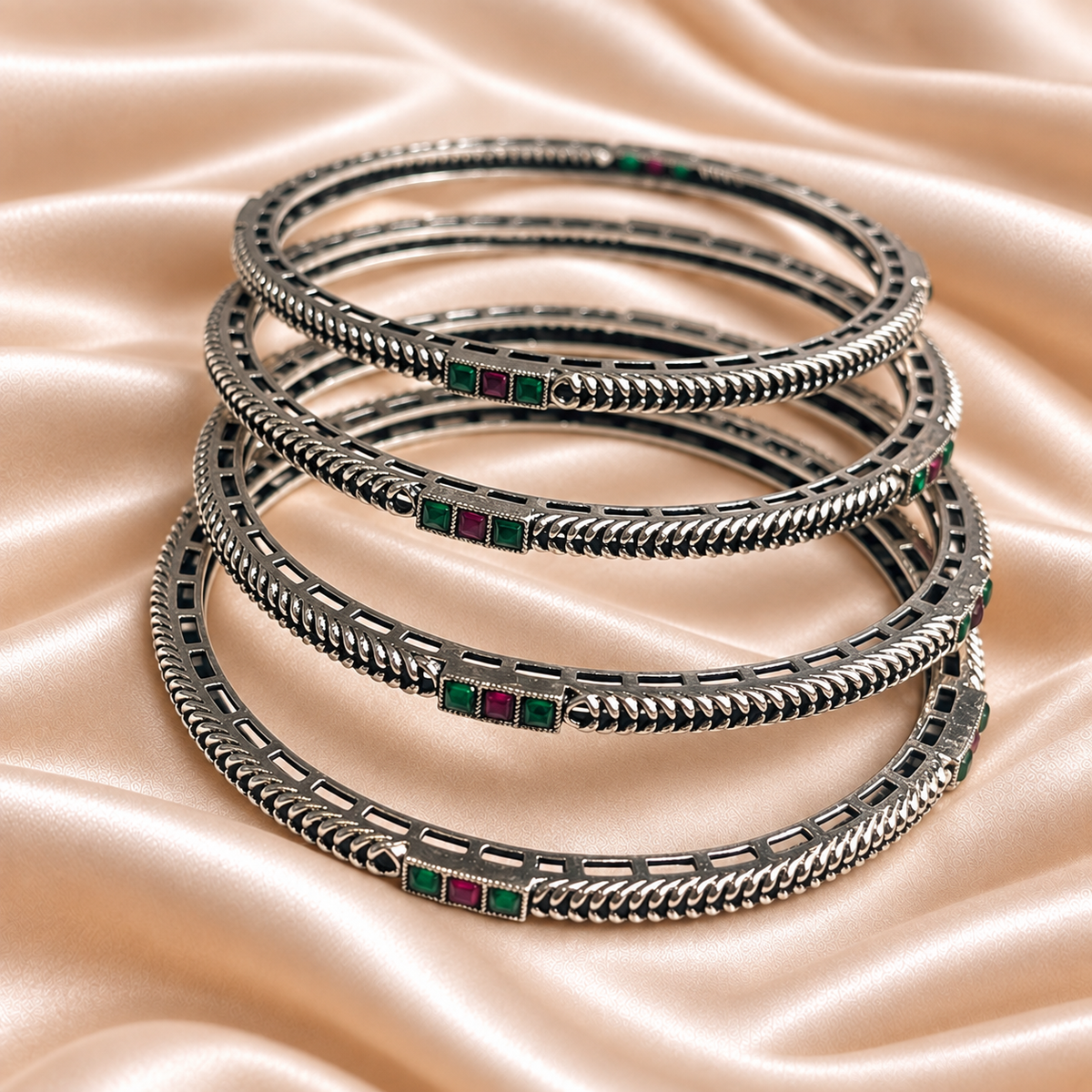 Twisted Square Stone Oxidised Bangles
