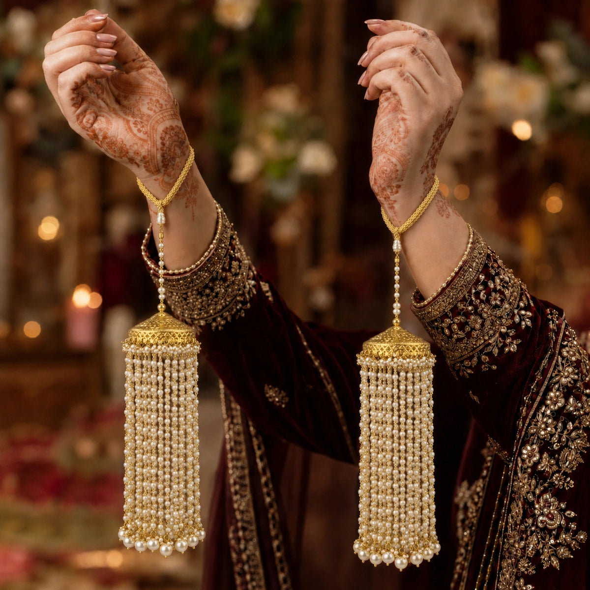 Dome-Shaped Bridal Kalira With Pearl Tassels